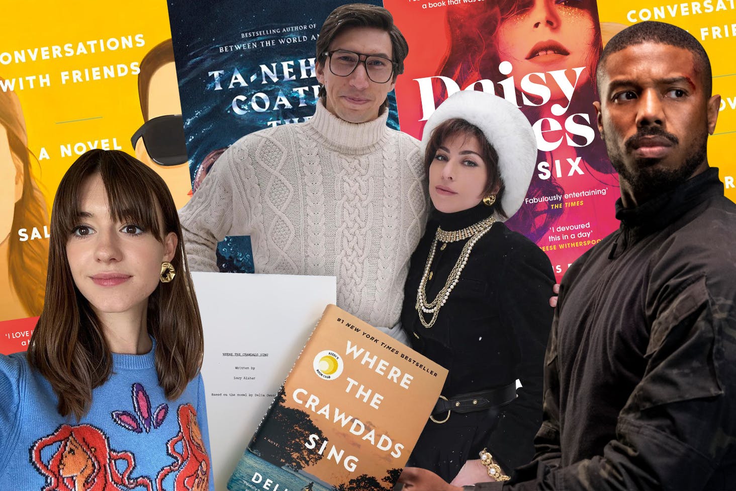 a colourful collage of actors Michael. B Jordan, Lady Gaga, Adam Driver and Daisy Edgar Jones and various book covers